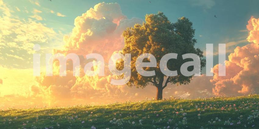 Surreal Landscape with a Solitary Tree Standing Tall Against a Dreamy Sky with Vibrant Pink and Orange Clouds