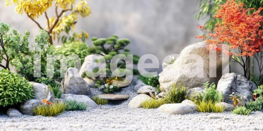 Vibrant Garden Scene with Colorful Flowers, Lush Greenery, and Smooth River Rocks Bathed in Sunlight