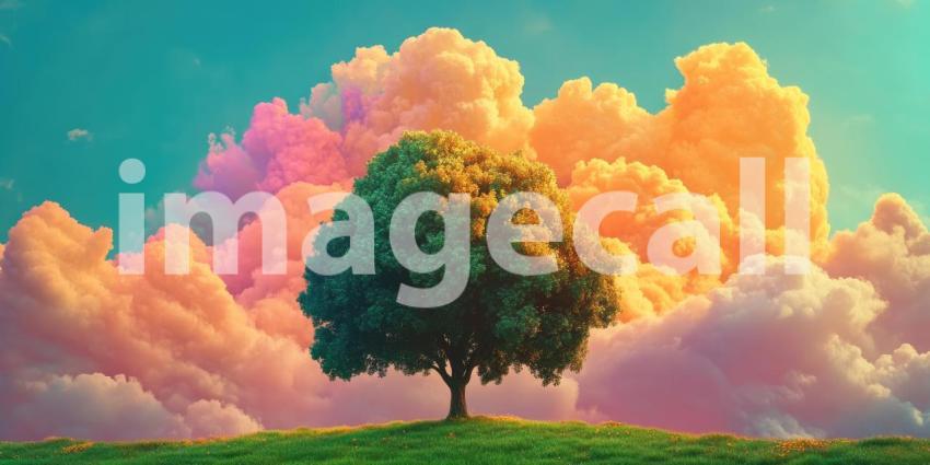 Surreal Landscape with a Solitary Tree Standing Tall Against a Dreamy Sky with Vibrant Pink and Orange Clouds