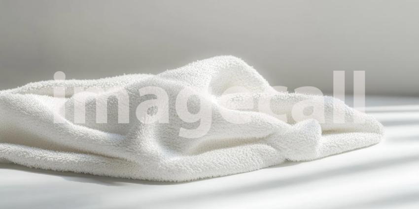 Soft and Plush White Bath Towel Folded and Draped on a Surface with Sunlight Casting Shadows for Home Decor, Spa, and Relaxation Concepts