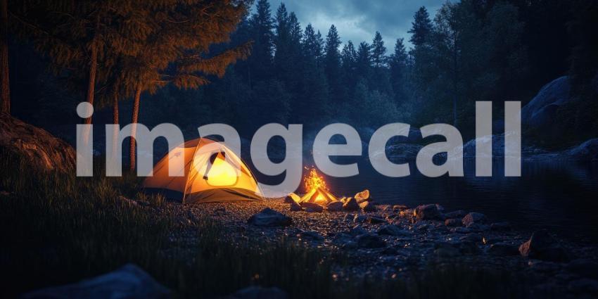 Tranquil Campsite at Dusk with a Cozy Tent Illuminated by a Warm Fire Beside a River, Under a Night Sky