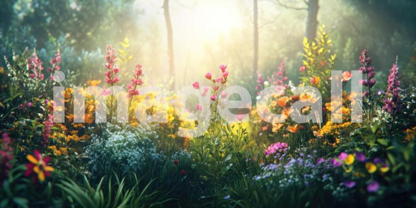 Vibrant Wildflower Meadow at Sunrise with Sunlight Filtering Through the Blossoms and Dew Drops Sparkling on the Petals