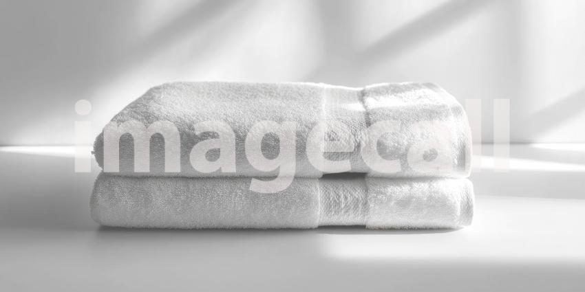 Soft and Plush White Bath Towel Folded and Draped on a Surface with Sunlight Casting Shadows for Home Decor, Spa, and Relaxation Concepts