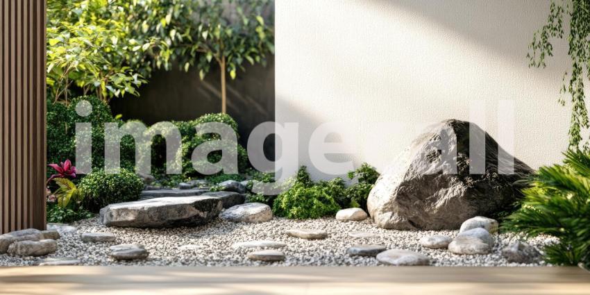 Vibrant Garden Scene with Colorful Flowers, Lush Greenery, and Smooth River Rocks Bathed in Sunlight