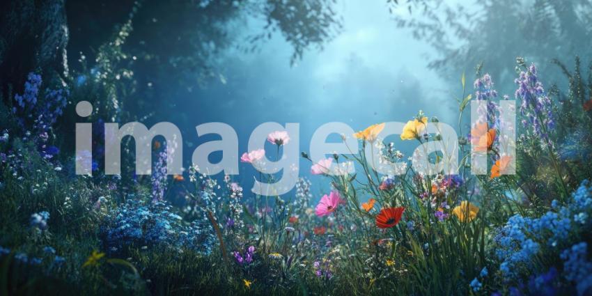 Vibrant Wildflower Meadow at Sunrise with Sunlight Filtering Through the Blossoms and Dew Drops Sparkling on the Petals