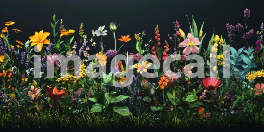 Vibrant Wildflower Meadow at Sunrise with Sunlight Filtering Through the Blossoms and Dew Drops Sparkling on the Petals