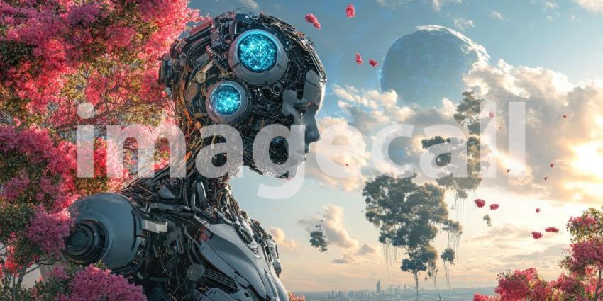 Harmony of Future and Nature: Humanoid Robot Amidst Vibrant Pink Flowers in Surreal Cityscape
