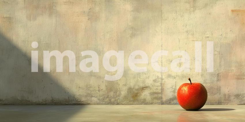 Minimalist Still Life with a Single Red Apple Resting on a Concrete Floor Bathed in Sunlight