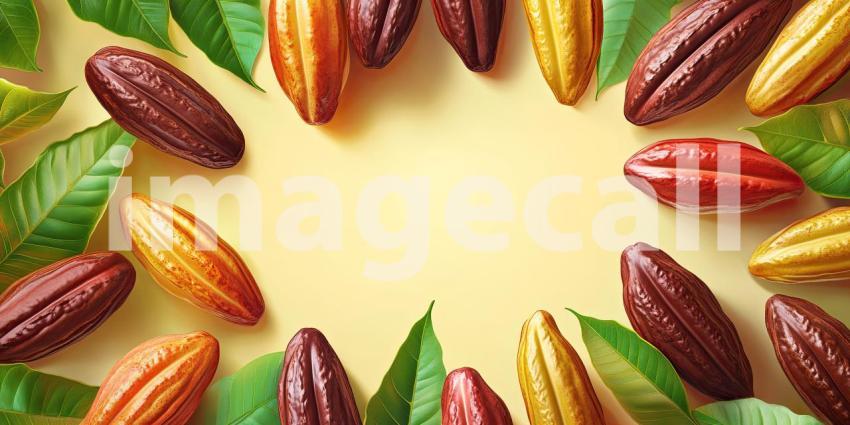 Ripe Cocoa Pods Hanging from a Cacao Tree with Lush Green Leaves for Chocolate, Agriculture, and Food Production Concepts