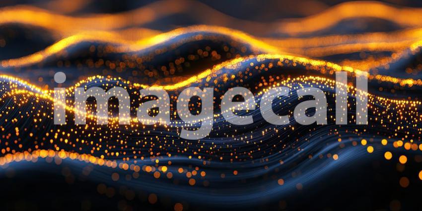 Abstract Digital Landscape with Flowing Waves of Glowing Particles and a Dark Background for Technology, Sci-Fi, and Modern Designs