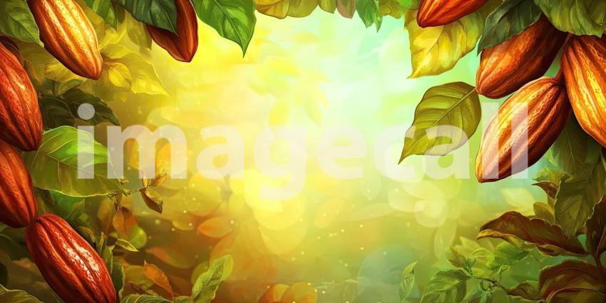 Ripe Cocoa Pods Hanging from a Cacao Tree with Lush Green Leaves for Chocolate, Agriculture, and Food Production Concepts