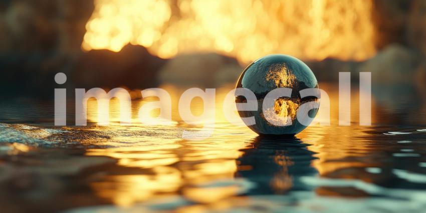 Abstract Sphere Floating on a Vibrant Surface with Reflections of Color and Light for Art, Design, and Conceptual Photography