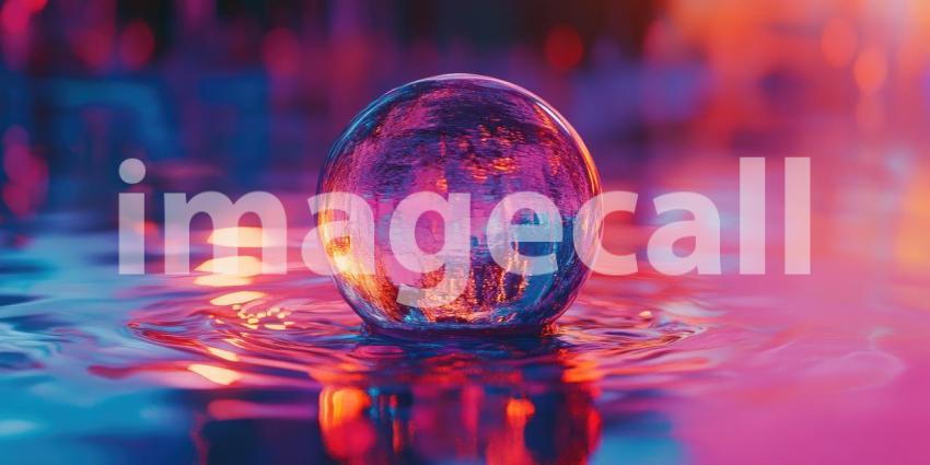 Abstract Sphere Floating on a Vibrant Surface with Reflections of Color and Light for Art, Design, and Conceptual Photography