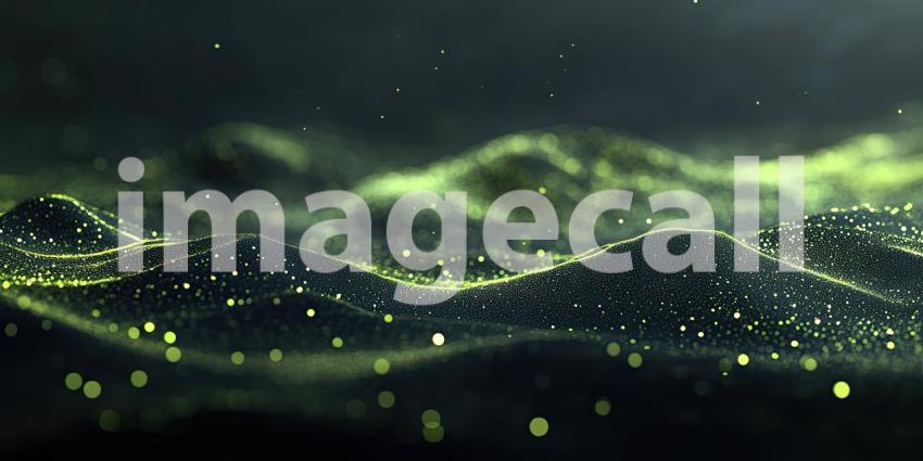 Abstract Digital Landscape with Wavy Lines of Glowing Green Dots on a Dark Background for Technology, Sci-Fi, and Modern Designs