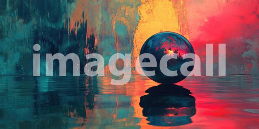 Abstract Sphere Floating on a Vibrant Surface with Reflections of Color and Light for Art, Design, and Conceptual Photography