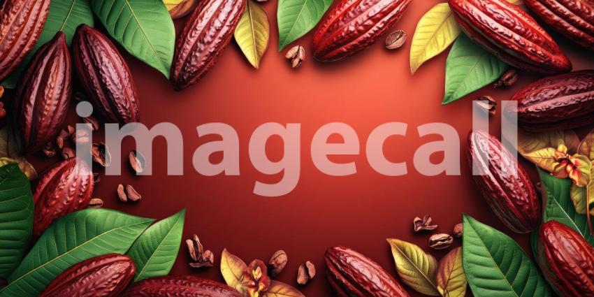 Ripe Cocoa Pods Hanging from a Cacao Tree with Lush Green Leaves for Chocolate, Agriculture, and Food Production Concepts