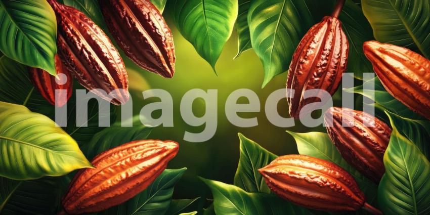 Ripe Cocoa Pods Hanging from a Cacao Tree with Lush Green Leaves for Chocolate, Agriculture, and Food Production Concepts