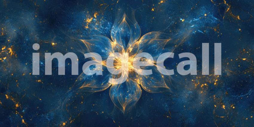 Cosmic Bloom: A Fractal Flower with Blue Petals and a Glowing Golden Core Against a Starry Night Sky