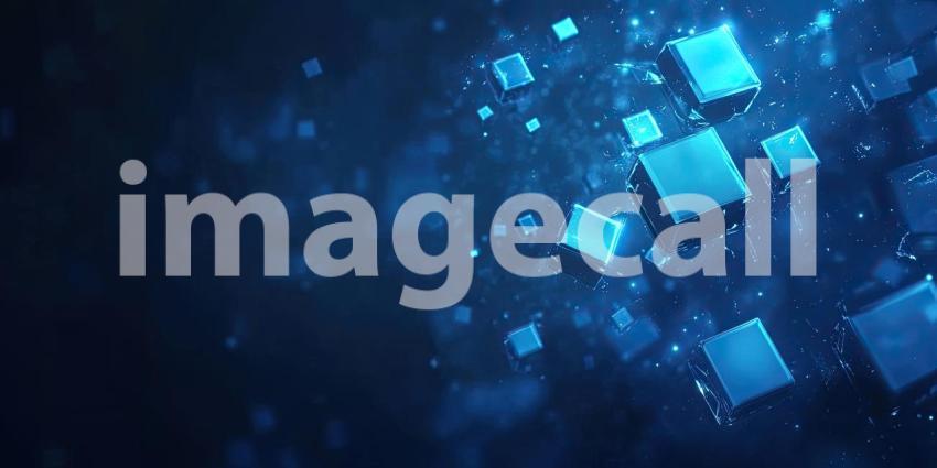 Futuristic Abstract Background with Floating Blue Cubes and Glowing Particles for Technology, Sci-Fi, and Modern Design Concepts