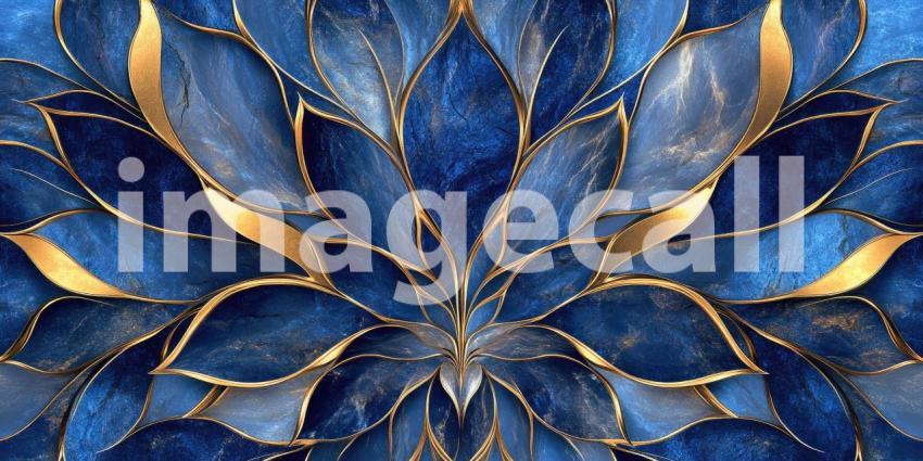 Cosmic Bloom: A Fractal Flower with Blue Petals and a Glowing Golden Core Against a Starry Night Sky