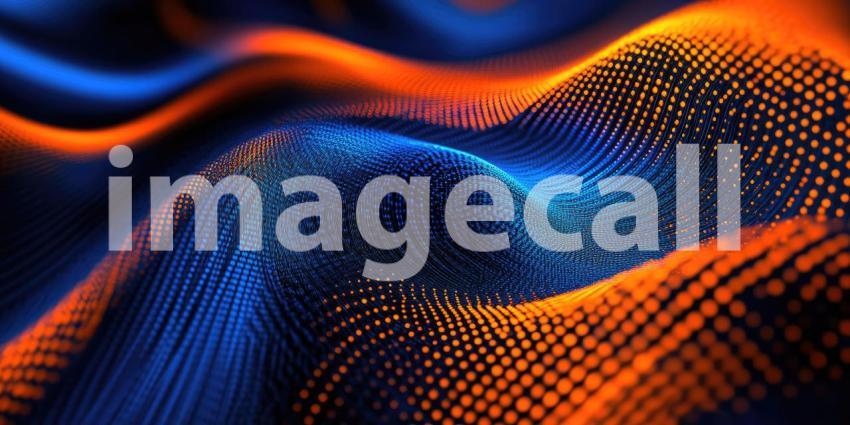 Abstract Digital Landscape with Flowing Waves of Glowing Orange and Blue Particles for Technology, Sci-Fi, and Modern Designs