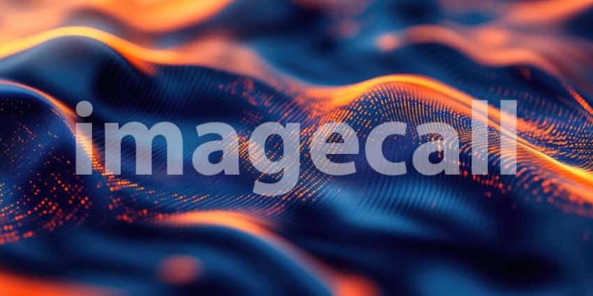 Abstract Digital Landscape with Flowing Waves of Glowing Orange and Blue Particles for Technology, Sci-Fi, and Modern Designs