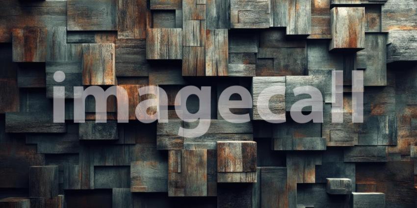 Industrial Wooden Block Wall Texture. Abstract geometric background with rustic, weathered wood. Perfect for interior design, architecture, and industrial projects.