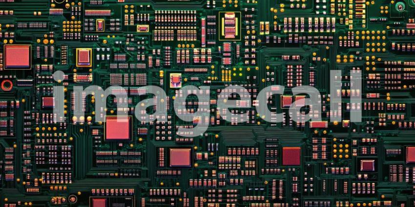Intricate Circuit Board with Complex Network of Copper Traces and Electronic Components for Technology, Engineering, and Electronics Concepts