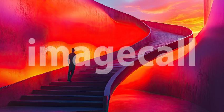 Journey to the Unknown: Person Ascending Colorful Stairs in a Surreal Dreamscape