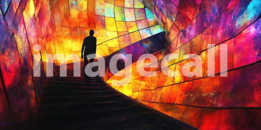 Journey to the Unknown: Person Ascending Colorful Stairs in a Surreal Dreamscape
