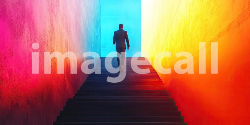 Journey to the Unknown: Person Ascending Colorful Stairs in a Surreal Dreamscape