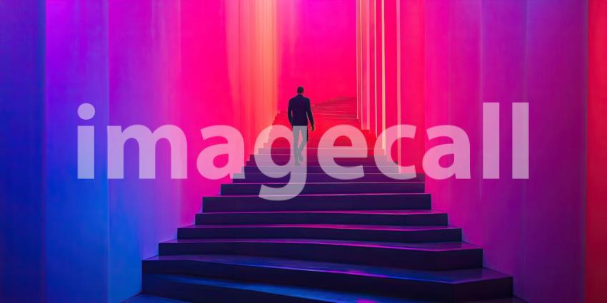 Journey to the Unknown: Person Ascending Colorful Stairs in a Surreal Dreamscape