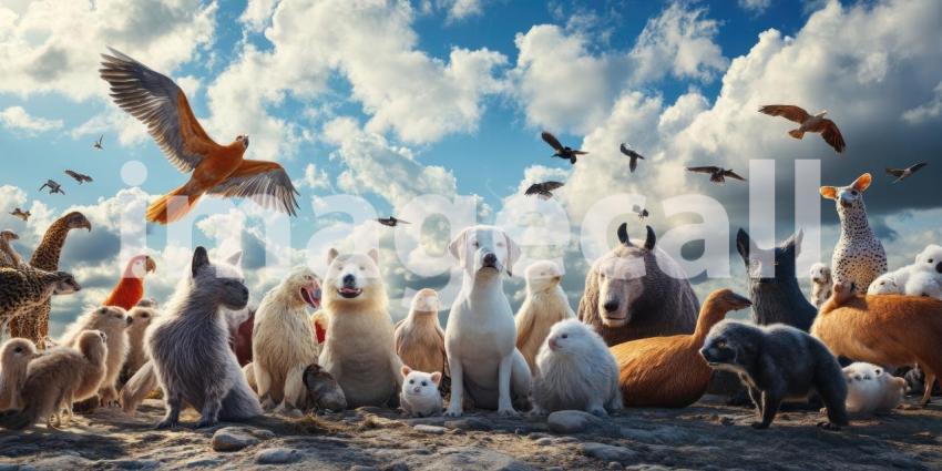 Wildlife Panorama: Majestic Mountain Landscape with Diverse Animals. Scenic photo featuring birds, cats, and a lion. Perfect for nature, wildlife, and travel projects.
