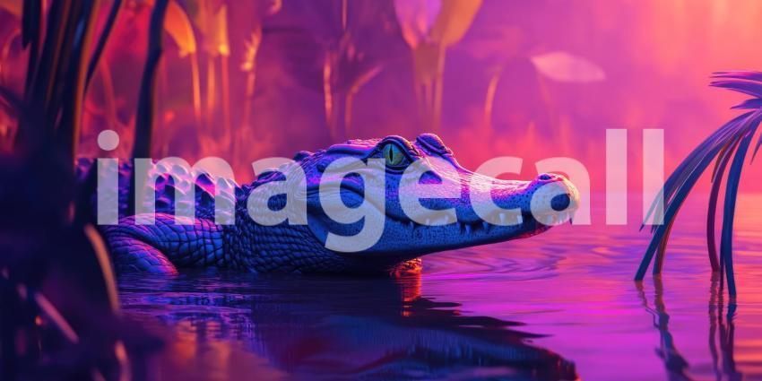 Juvenile Crocodile in Lush Swamp. Close-up portrait of a young reptile in a tropical wetland. Perfect for nature, wildlife, and exotic themes.