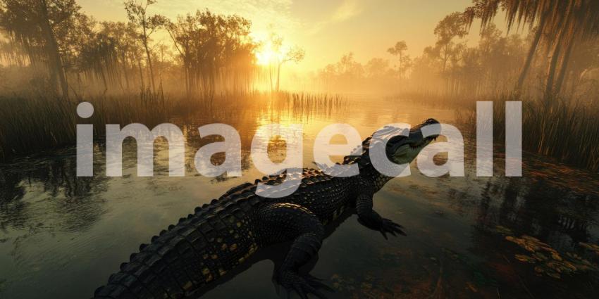 Juvenile Crocodile in Lush Swamp. Close-up portrait of a young reptile in a tropical wetland. Perfect for nature, wildlife, and exotic themes.
