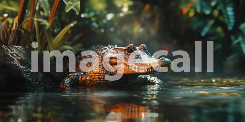 Juvenile Crocodile in Lush Swamp. Close-up portrait of a young reptile in a tropical wetland. Perfect for nature, wildlife, and exotic themes.