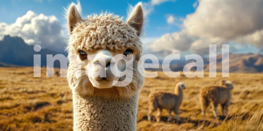 Portrait of a Curious Alpaca in a Field. Close-up of a fluffy alpaca with a friendly expression. Perfect for nature, animal, and farm-related themes.