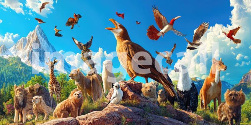Wildlife Panorama: Majestic Mountain Landscape with Diverse Animals. Scenic photo featuring birds, cats, and a lion. Perfect for nature, wildlife, and travel projects.