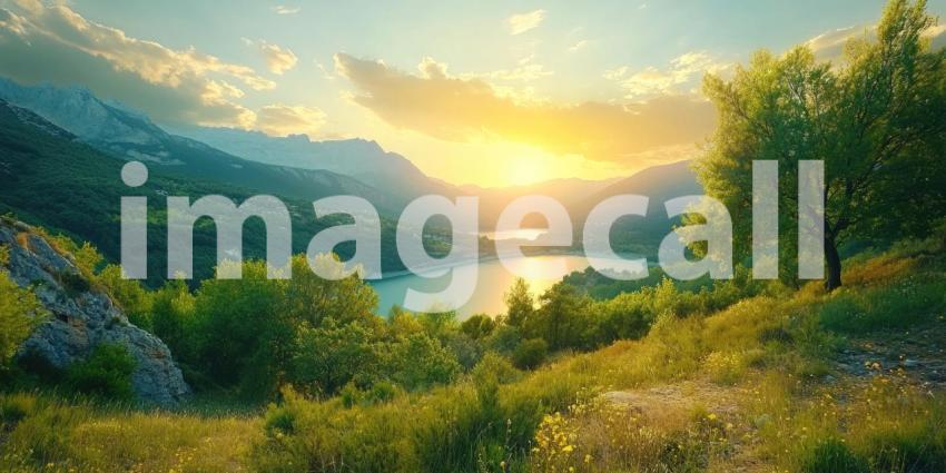 Scenic Lake with Boat and Wooden Dock. Tranquil landscape with crystal-clear water and lush greenery. Perfect for travel, nature, and vacation themes.