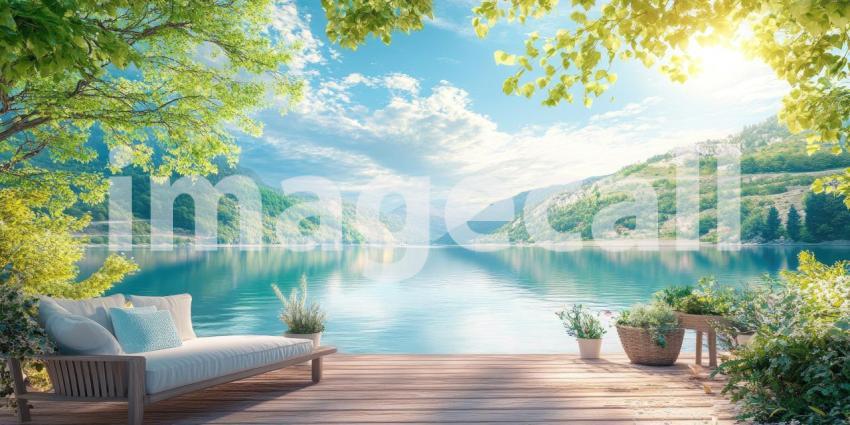 Scenic Lake with Boat and Wooden Dock. Tranquil landscape with crystal-clear water and lush greenery. Perfect for travel, nature, and vacation themes.