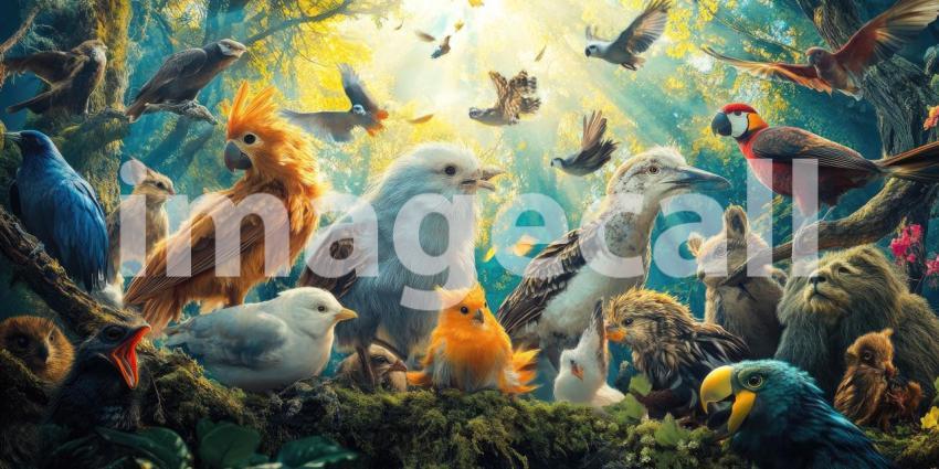 Wildlife Panorama: Majestic Mountain Landscape with Diverse Animals. Scenic photo featuring birds, cats, and a lion. Perfect for nature, wildlife, and travel projects.