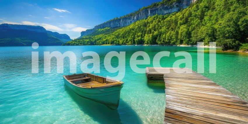 Scenic Lake with Boat and Wooden Dock. Tranquil landscape with crystal-clear water and lush greenery. Perfect for travel, nature, and vacation themes.
