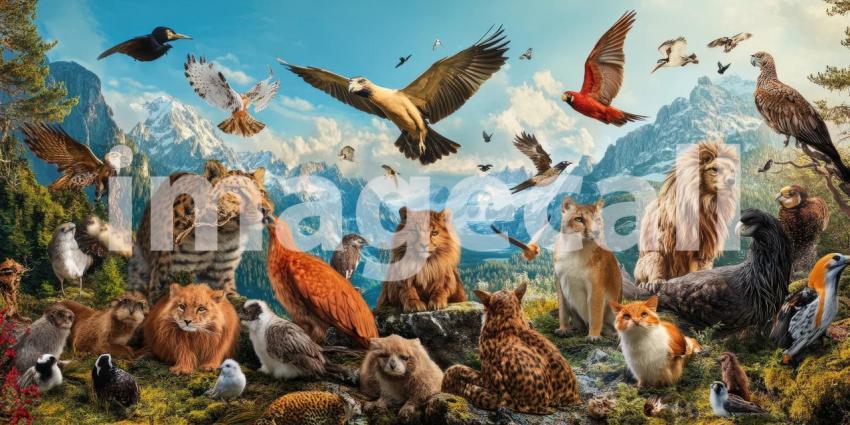 Wildlife Panorama: Majestic Mountain Landscape with Diverse Animals. Scenic photo featuring birds, cats, and a lion. Perfect for nature, wildlife, and travel projects.