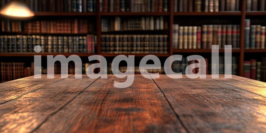 Vintage Library Reading Table. Wooden tabletop with a blurred bookshelf background. Perfect for education, literature, and nostalgic themes.