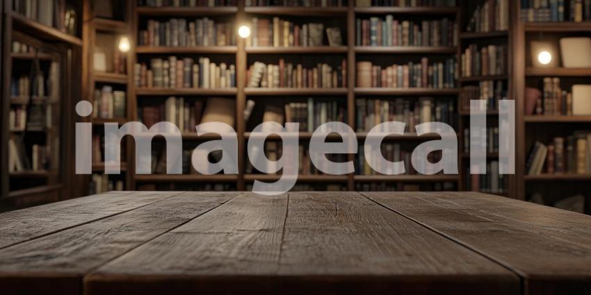 Vintage Library Reading Table. Wooden tabletop with a blurred bookshelf background. Perfect for education, literature, and nostalgic themes.