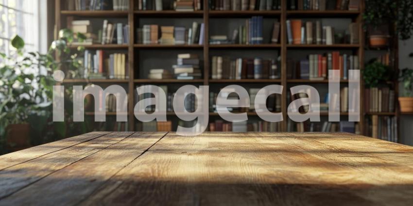 Vintage Library Reading Table. Wooden tabletop with a blurred bookshelf background. Perfect for education, literature, and nostalgic themes.