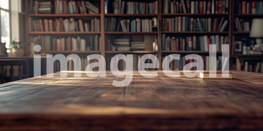 Vintage Library Reading Table. Wooden tabletop with a blurred bookshelf background. Perfect for education, literature, and nostalgic themes.