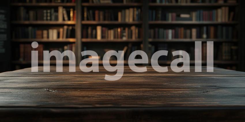 Vintage Library Reading Table. Wooden tabletop with a blurred bookshelf background. Perfect for education, literature, and nostalgic themes.
