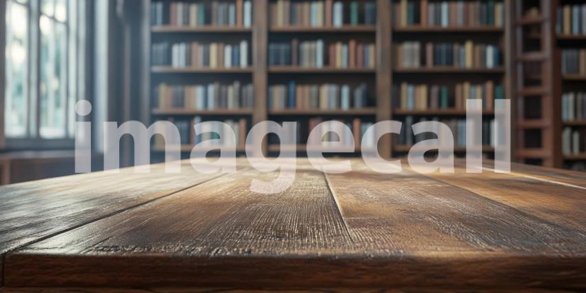 Vintage Library Reading Table. Wooden tabletop with a blurred bookshelf background. Perfect for education, literature, and nostalgic themes.