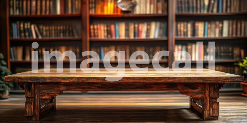 Vintage Library Reading Table. Wooden tabletop with a blurred bookshelf background. Perfect for education, literature, and nostalgic themes.